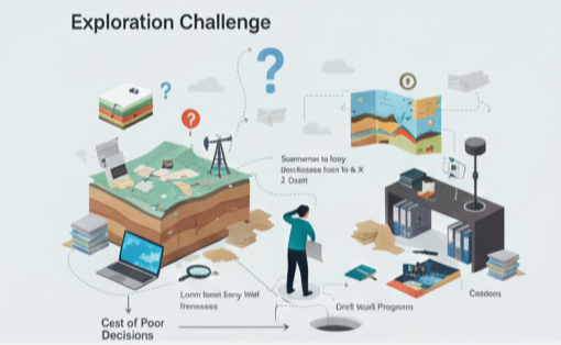 Illustration of a messy geoscientist desk with scattered reports and folders, representing fragmented data.